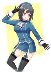 Rule 34 | 1girl, beret, black gloves, black hair, black thighhighs, blue hat, blush, breasts, character name, dated, feet out of frame, frilled sleeves, frills, garter straps, gloves, hat, ittokyu, kantai collection, looking at viewer, medium breasts, military, military uniform, miniskirt, open mouth, red eyes, short hair, skirt, smile, solo, takao (kancolle), thighhighs, twitter username, two-tone background, uniform, white background