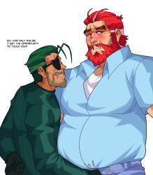 Rule 34 | 2boys, ahoge, averting eyes, bara, beard, beard stubble, big belly, biting own lip, collared shirt, crotch grab, english text, eyepatch, facial hair, forked eyebrows, hair slicked back, highres, large pectorals, looking to the side, male focus, male prostitution, mature male, mr. krabs, multicolored hair, multiple boys, mustache, mustache stubble, notice lines, old, old man, pectorals, personification, red eyes, red hair, revealyoursins, seductive smile, sheldon j. plankton, shirt, short hair, sideburns, smile, spongebob squarepants (series), streaked hair, stubble, thick eyebrows, wrinkled skin, yaoi