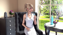Rule 34 | 1girl, 3d, absurdres, blonde hair, bottle, chair, cup, drinking glass, final fantasy, final fantasy xv, heroes club, highres, holding, holding cup, indoors, lunafreya nox fleuret, on chair, ponytail, sitting, solo, square enix, wine bottle, wine glass