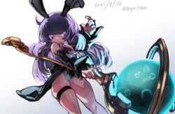 Rule 34 | 1girl, animal ears, arm up, artist name, black sleeves, blue eyes, dagon tako, dated, detached sleeves, leotard, long hair, looking at viewer, original, purple hair, rabbit ears, rabbit girl, rabbit tail, solo, tail, thigh strap, thighs, wand, weapon, white leotard