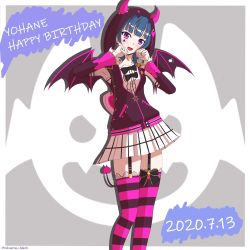 Rule 34 | 1girl, artist name, artist request, bare shoulders, black bow, black choker, black vest, blue hair, blush, bow, checkered clothes, checkered skirt, choker, demon girl, demon horns, demon tail, demon wings, detached sleeves, earrings, facial mark, female focus, frilled sleeves, frills, garter straps, hair bun, heart, highres, hood, hood up, hooded vest, hoodie, horns, horns through headwear, jewelry, lace, lace-trimmed legwear, lace trim, long hair, long sleeves, looking at viewer, love live!, love live! school idol festival, love live! school idol festival all stars, love live! sunshine!!, miniskirt, nail polish, nikoarisu black, open clothes, open vest, petals, pink nails, plaid, plaid skirt, pleated skirt, purple eyes, purple thighhighs, short hair, single hair bun, skirt, smile, solo, striped clothes, striped thighhighs, tail, thighhighs, tsushima yoshiko, vest, white skirt, wings, zettai ryouiki