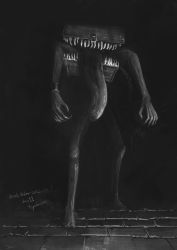 Rule 34 | artist name, chain, chest (furniture), dark souls (series), full body, greyscale, highres, long tongue, mimic (dark souls), monochrome, monster, no humans, sharp teeth, standing, stone floor, teeth, tongue, tongue out, tripdancer