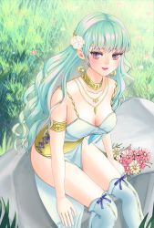 Rule 34 | 1girl, armlet, artist request, bare shoulders, breasts, check copyright, cleavage, copyright request, dress, earrings, feet out of frame, flower, grass, green hair, hair flower, hair ornament, highres, jewelry, long hair, looking at viewer, medium breasts, neck ring, necklace, original, pink flower, pink lips, second-party source, sitting, smile, solo, thighhighs, thighs, very long hair, white dress, white flower, white thighhighs