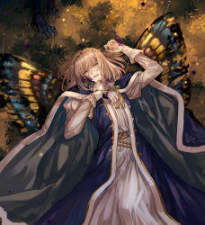 Rule 34 | 1boy, arthropod boy, blue cape, blue eyes, butterfly wings, cape, cloak, commentary, crown, diamond hairband, fate/grand order, fate (series), fur-trimmed cloak, fur trim, gold trim, grey hair, highres, injury, insect wings, long sleeves, lying, medium hair, nail, oberon (fate), puffy sleeves, shichimi (ftlvampire32), solo, tassel, white fur, white hair, wings