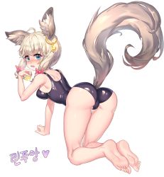Rule 34 | 10s, 1girl, all fours, animal ear fluff, animal ears, ass, bad id, bad pixiv id, barefoot, blade &amp; soul, blue eyes, blush, brown hair, condom, earrings, feet, full body, jewelry, kneepits, looking back, lyn (blade &amp; soul), muloli, one-piece swimsuit, open mouth, presenting, ribbon, school swimsuit, short hair, solo, swimsuit, tail
