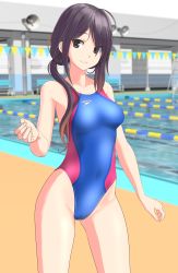 Rule 34 | 1girl, absurdres, ariake (kancolle), black eyes, black hair, blue one-piece swimsuit, breasts, commentary request, competition swimsuit, contrapposto, cowboy shot, gradient hair, highleg, highleg swimsuit, highres, kantai collection, logo, long hair, medium breasts, megaphone, multicolored hair, one-piece swimsuit, orange hair, outdoors, paid reward available, pool, purple hair, paid reward available, smile, solo, speedo (company), string of flags, swimsuit, takafumi, two-tone swimsuit