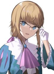 Rule 34 | 1other, androgynous, blonde hair, blue eyes, bow, braid, chevalier d&#039;eon (fate), commentary request, fate/grand order, fate (series), glasses, gloves, hair ribbon, highres, long hair, long sleeves, looking at viewer, open mouth, pink bow, ribbon, simple background, smile, tamitami, trap, white background, white gloves