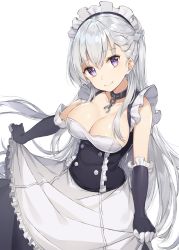 Rule 34 | 1girl, apron, azur lane, bare shoulders, belfast (azur lane), black dress, black gloves, braid, breasts, broken, broken chain, chain, cleavage, closed mouth, collarbone, commentary request, dress, elbow gloves, frilled apron, frills, gloves, hair between eyes, head tilt, highres, large breasts, long hair, maid headdress, md5 mismatch, purple eyes, resolution mismatch, rikoma, silver hair, simple background, sleeveless, sleeveless dress, smile, solo, source larger, very long hair, waist apron, white apron, white background