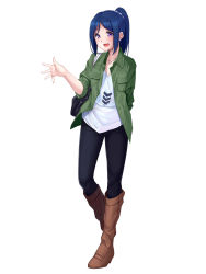 Rule 34 | 1girl, :d, arm behind back, bag, black pants, blue hair, blush, boots, breast pocket, brown footwear, collarbone, denim, ginopi, green jacket, hair ornament, hair scrunchie, hand up, handbag, highres, jacket, jeans, jewelry, knee boots, long hair, looking at viewer, love live!, love live! school idol festival, love live! sunshine!!, matsuura kanan, necklace, open clothes, open jacket, open mouth, pants, parted bangs, pendant, pocket, ponytail, purple eyes, scrunchie, shirt, shoulder bag, simple background, smile, solo, spread fingers, standing, unbuttoned, v-neck, white background, white shirt