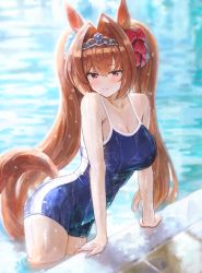 Rule 34 | 1girl, animal ears, blue one-piece swimsuit, blush, bow, breasts, brown hair, cleavage, closed mouth, daiwa scarlet (umamusume), hair between eyes, hair bow, hair intakes, highres, horse ears, horse girl, horse tail, large breasts, long hair, one-piece swimsuit, partially submerged, pool, poolside, red eyes, solo, sonchi, swimsuit, tail, thighs, tiara, twintails, umamusume, very long hair, water, wet, wet hair