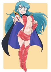 Rule 34 | 1girl, aqua hair, blue eyes, boots, breasts, cape, full body, genji tsuushin agedama, highres, kuki rei, large breasts, long hair, looking at viewer, miniskirt, mizu kane, navel, open mouth, revealing clothes, shoulder pads, skirt, smile, solo, thighhighs