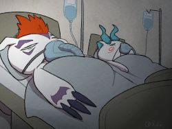 Rule 34 | 2others, animal hands, artist name, bed, blanket, body fur, boke-chan, claws, digimon (creature), furry, gomamon, green eyes, half-closed eyes, intravenous drip, komasan, looking up, lying, multiple others, on back, other focus, pillow, purple fur, red hair, rolling eyes, short hair, signature, twitter username, two-tone fur, under covers, white fur, youkai watch