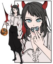 Rule 34 | 1girl, a jak, bang dream!, bang dream! it&#039;s mygo!!!!!, black hair, black skirt, blue eyes, bucket, candy, center frills, closed mouth, food, frills, highres, holding, holding bucket, holding candy, holding food, horns, jack-o&#039;-lantern, long hair, long sleeves, multiple views, parted lips, shirt, simple background, skirt, smile, trick-or-treating, white background, white shirt, wings, yahata umiri