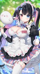 Rule 34 | 1girl, :o, black hair, blue eyes, blue nails, blurry, blurry background, blush, bow, bowtie, breasts, buttons, cleavage, clothes lift, cowboy shot, detached collar, double-breasted, dress, earrings, garter straps, ghost, gradient hair, hair bow, headband, heart, heterochromia, highres, jewelry, kirisaki shuusei, large breasts, layered dress, long sleeves, looking at viewer, maid, multicolored hair, nail polish, name tag, original, outdoors, pink eyes, pink hair, puffy sleeves, quill, sidelocks, signature, skindentation, skirt, skirt lift, solo, striped, striped bow, thigh strap, thighhighs, twintails, two-tone hair