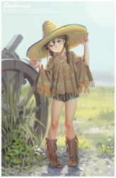 Rule 34 | 1girl, alphonse (white datura), bad id, bad pixiv id, black eyes, black hair, blush, boots, braid, closed mouth, cowboy boots, denim, denim shorts, female focus, full body, hair between eyes, hat, highres, long hair, looking at viewer, original, outdoors, poncho, shorts, smile, solo, sombrero, standing, twin braids
