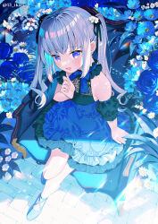 Rule 34 | 1girl, :d, armchair, black ribbon, black sleeves, blue dress, blue flower, blue footwear, blue rose, chair, commentary request, detached sleeves, dress, flower, frilled dress, frills, full body, grey hair, hair flower, hair ornament, hair ribbon, hand up, highres, ikari (aor3507), looking at viewer, on chair, open mouth, original, puffy short sleeves, puffy sleeves, purple eyes, ribbon, rose, shoes, short sleeves, sitting, sleeveless, sleeveless dress, smile, solo, twintails, twitter username, white flower