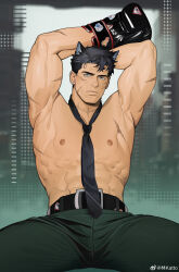 Rule 34 | 1boy, abs, absurdres, alternate costume, alternate muscle size, animal ears, arms up, bara, belt, between pectorals, black belt, black hair, boxing gloves, cross scar, dog ears, ear piercing, feet out of frame, genshin impact, gluteal fold, green pants, grey hair, hair between eyes, highres, katto8452, large pectorals, looking at viewer, loose necktie, male focus, muscular, muscular male, navel, necktie, necktie between pectorals, nipples, paid reward available, pants, pectorals, piercing, scar, scars all over, shiny clothes, short hair, solo, spread legs, stomach, thick eyebrows, thick thighs, thighs, too many, scars all over, topless male, wriothesley (genshin impact)