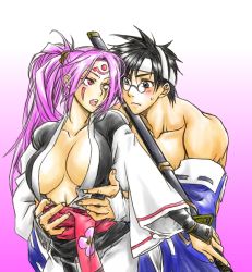 Rule 34 | 1boy, 1girl, ahomira, amputee, mito anji, arc system works, baiken, blush, breasts, cleavage, couple, facial mark, glasses, guilty gear, hetero, hug, japanese clothes, katana, kimono, large breasts, long hair, obi, one-eyed, open mouth, pink eyes, pink hair, ponytail, sash, scar, scar across eye, scar on face, sweatdrop, sword, tattoo, undressing, weapon