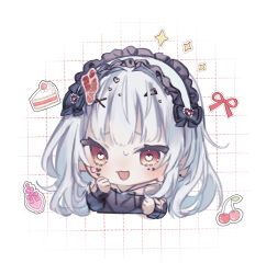 Rule 34 | 1girl, absurdres, black bow, black sweater, bottle, bow, cake, cake slice, cherry, chibi, commentary request, cropped torso, earrings, food, fruit, hair ornament, hairclip, heart, heart-shaped pupils, highres, hood, hood down, hooded sweater, indie virtual youtuber, jewelry, kuromu (96-94), long hair, long sleeves, looking at viewer, perfume bottle, red eyes, red ribbon, ribbon, sabita hagane, solo, sparkle, sweater, symbol-shaped pupils, virtual youtuber, white hair, x hair ornament