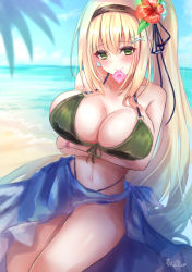 Rule 34 | 1girl, absurdres, artist name, bare shoulders, beach, bikini, blonde hair, blush, breasts, cleavage, collarbone, condom, condom in mouth, condom wrapper, crossed arms, flower, girls&#039; frontline, green bikini, green eyes, hair between eyes, hair flower, hair ornament, hair ribbon, hairband, highres, large breasts, long hair, looking at viewer, m1 garand (beach princess) (girls&#039; frontline), m1 garand (girls&#039; frontline), martinreaction, mouth hold, navel, seafloor, ribbon, smile, solo, stomach, swimsuit