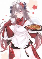 Rule 34 | 1girl, apron, asa (1asa-0-asa1), blush, brown hair, coattails, flower, flower-shaped pupils, food, genshin impact, ghost, highres, hu tao (genshin impact), looking at viewer, maid apron, maid headdress, one eye closed, red eyes, standing, symbol-shaped pupils, tongue, tongue out, twintails, white background