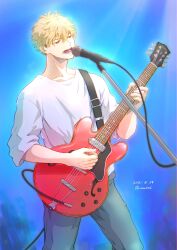Rule 34 | 1boy, blue background, feet out of frame, given, highres, holding, holding instrument, instrument, light green hair, male focus, microphone, music, open mouth, playing instrument, singing, solo, sweater, twitter username, umi8315, white sweater, yoshida yuki (given)