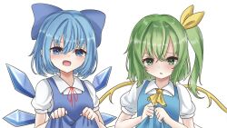 Rule 34 | 2girls, :d, ascot, blue dress, blue eyes, blue hair, blush, breasts, cirno, commentary request, commission, cropped, daiyousei, dress, fairy wings, green eyes, green hair, hair between eyes, highres, ice, ice wings, lifting own clothes, looking at viewer, medium hair, multiple girls, one side up, open mouth, short hair, simple background, skeb commission, small breasts, smile, touhou, tsubakipan, upper body, white background, wings, yellow ascot