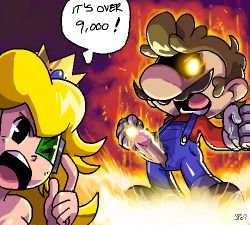 Rule 34 | 1boy, 1girl, aliasing, aura, blonde hair, blue overalls, brown hair, censored, crown, dragon ball, dragonball z, erection, facial hair, full body, gloves, glowing, glowing eyes, it&#039;s over 9000 (meme), junkpile, long hair, lowres, mario, mario (series), meme, mustache, nintendo, no headwear, one eye closed, overalls, parody, penis, penis out, princess, princess peach, red sweater, scouter, speech bubble, super mario bros. 1, suspenders, sweater, white gloves, wink