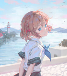 Rule 34 | 1girl, absurdres, bird, blonde hair, blue eyes, blue neckerchief, braid, closed mouth, commentary request, day, from side, hair ribbon, highres, hyxifeng, lighthouse, looking to the side, neckerchief, original, outdoors, pink ribbon, ribbon, shirt, short hair, short sleeves, skirt, sky, solo, water, white shirt