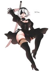 Rule 34 | 1girl, absurdres, arm up, black blindfold, black dress, black footwear, blindfold, boots, breasts, cleavage, covered eyes, dress, feather-trimmed sleeves, high heels, highres, holding, holding sword, holding weapon, juliet sleeves, katana, large breasts, long sleeves, mole, mole under mouth, nier (series), nier:automata, panoramango, parted lips, puffy sleeves, short hair, simple background, smile, solo, sword, thigh boots, thighhighs, weapon, white background, white hair, 2b (nier:automata)