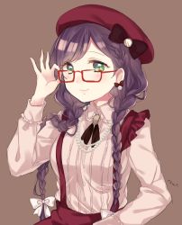 Rule 34 | 10s, 1girl, adjusting eyewear, bad id, bad twitter id, beret, bespectacled, braid, breasts, dress, glasses, green eyes, hair over shoulder, hand on eyewear, hat, hat ribbon, jewelry, long hair, long sleeves, looking at viewer, love live!, love live! school idol festival, love live! school idol project, necklace, nerunnn, pearl necklace, purple background, purple hair, red-framed eyewear, ribbon, simple background, smile, solo, suspenders, tojo nozomi, twin braids, twintails