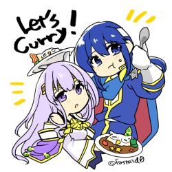 Rule 34 | 1boy, 1girl, blue cape, blue hair, brother and sister, cape, circlet, curry, dress, eating, feh (fire emblem heroes), fire emblem, fire emblem: genealogy of the holy war, food, headband, holding, holding plate, holding spoon, julia (fire emblem), long hair, nintendo, plate, purple hair, seliph (fire emblem), siblings, simple background, spoon, white headband, yukia (firstaid0)