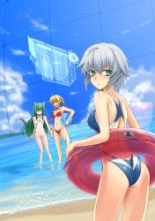 Rule 34 | 3girls, absurdres, animal ears, ass, bad id, bad pixiv id, beach, bikini, blonde hair, blue eyes, cat ears, cat tail, competition swimsuit, day, floating screen, green eyes, green hair, grey hair, highres, innertube, long hair, looking back, multiple girls, one-piece swimsuit, original, outdoors, prime (prime tw), short hair, swim ring, swimsuit, tail, twintails, wading, water
