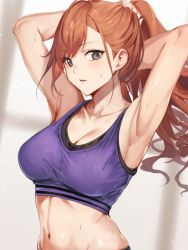 Rule 34 | 1girl, arisugawa natsuha, armpits, arms behind head, arms up, asymmetrical bangs, bad id, bad twitter id, bare shoulders, blurry, blush, bra, breasts, cleavage, collarbone, depth of field, grey eyes, idolmaster, idolmaster shiny colors, large breasts, long hair, looking at viewer, navel, parted lips, ponytail, purple bra, red hair, scrunchie, sola (solo0730), solo, sports bra, sweat, swept bangs, underwear