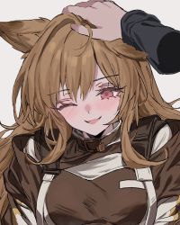 Rule 34 | 1girl, ahoge, animal ears, aogisa, arknights, blush, breasts, brown coat, brown hair, ceobe (arknights), coat, commentary, disembodied hand, dog ears, eyelashes, grey background, hair between eyes, headpat, highres, long hair, looking down, medium breasts, one eye closed, open mouth, portrait, red eyes, simple background, smile, solo focus, strap, symbol-only commentary