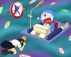 Rule 34 | 00s, 1girl, accident, all fours, angry, bell, neck bell, clock, collar, crossover, doraemon, doraemon (character), head bump, injury, jingle bell, konno makoto, loafers, lowres, miniskirt, mochi-iri kinchaku, no ears, open mouth, prostration, pleated skirt, road sign, robot, school uniform, shoes, sign, skirt, socks, sweatdrop, time machine, time travel, toki wo kakeru shoujo, trait connection