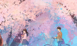 Rule 34 | 1boy, 1girl, bag, bicycle, bicycle basket, blue neckwear, blue pants, blue sailor collar, blue skirt, blush, breasts, brown hair, brown jacket, cherry blossoms, closed eyes, closed mouth, collared shirt, commentary request, cowboy shot, dappled sunlight, day, earphones, hands up, highres, holding, holding phone, jacket, leaf, long hair, long sleeves, looking at another, neckerchief, necktie, nora (kukumaka23), original, outdoors, pants, phone, pink bag, pleated skirt, pushing bicycle, sailor collar, scenery, school uniform, serafuku, shirt, short hair, shoulder bag, skirt, small breasts, smile, spiked hair, standing, sunlight, tree, walking, white shirt, wide shot, yellow neckwear
