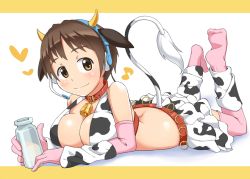 Rule 34 | 10s, 1girl, animal ears, animal print, bad id, bad pixiv id, bell, black hair, blush, breasts, brown eyes, cleavage, collar, cow ears, cow horns, cow print, cowbell, elbow gloves, feet, female focus, full body, gloves, headset, heart, horns, idolmaster, idolmaster cinderella girls, large breasts, lying, neck bell, oikawa shizuku, on stomach, short hair, skirt, smile, solo, suikasan, tail, white background