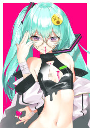 Rule 34 | 1girl, aqua hair, arm behind back, bad id, bad pixiv id, bandages, bandaged arm, bandages, bare shoulders, black shirt, blood, breasts, cleavage cutout, clothing cutout, crop top, glasses, hair ornament, hand up, hatsune miku, highres, holding, jacket, long hair, looking at viewer, midriff, nail polish, navel, nosebleed, off shoulder, one side up, open clothes, open jacket, purple eyes, round eyewear, rsk (tbhono), shirt, sleeveless, sleeveless shirt, sleeveless turtleneck, small breasts, solo, stomach, turtleneck, upper body, vocaloid, white jacket
