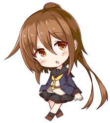 Rule 34 | 1girl, absurdres, black sailor collar, black skirt, black socks, blue jacket, blush, brown eyes, brown footwear, brown hair, chibi, commentary request, crescent, crescent pin, full body, fumizuki (kancolle), fumizuki kai ni (kancolle), hair between eyes, highres, ichi (ichi.colors), jacket, kantai collection, long hair, long sleeves, open clothes, open jacket, parted lips, pleated skirt, ponytail, sailor collar, shirt, simple background, skirt, socks, solo, very long hair, white background, white shirt, yellow neckwear