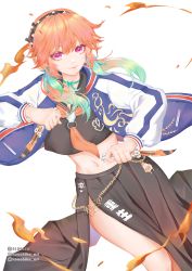Rule 34 | 1girl, artkouchiku, balisong, bousouzoku, closed mouth, delinquent, dual wielding, earrings, feather earrings, feathers, green hair, highres, holding, holding weapon, hololive, hololive english, instagram logo, instagram username, jewelry, knife, multicolored hair, navel, orange hair, pink eyes, pixiv id, pixiv logo, school uniform, serafuku, stomach, takanashi kiara, thighs, twitter logo, twitter username, virtual youtuber, weapon