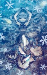 Rule 34 | 1girl, abstract background, arms behind head, bad id, bad pixiv id, bow, cirno, closed eyes, cong1991, crossed legs, dress, hair bow, highres, ice, ice wings, leg up, legs, long hair, lying, on back, on ground, ribbon, shoes, short sleeves, smile, snowflakes, solo, texture, touhou, wings