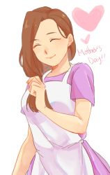 Rule 34 | 1girl, ^ ^, apron, arm at side, bad id, bad twitter id, blush, breasts, brown hair, closed eyes, closed mouth, dress, english text, closed eyes, fingernails, fullmetal alchemist, hand on own chest, happy, heart, long hair, medium breasts, mmk2311, mother&#039;s day, purple dress, short sleeves, side ponytail, simple background, smile, solo, text focus, trisha elric, upper body, white apron, white background