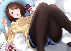 Rule 34 | 1girl, :o, aran sweater, bed sheet, blue shorts, blush, bob cut, breasts, brown eyes, brown hair, brown pantyhose, brown sweater, cable knit, cellphone, commentary request, dutch angle, feet out of frame, heart, highres, holding, holding phone, kapatarou, knees up, long sleeves, looking at viewer, lying, medium breasts, on back, open mouth, original, panties, panties under pantyhose, pantyhose, phone, pillow, short shorts, shorts, solo, sweater, thighband pantyhose, underwear, wide sleeves