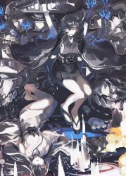 Rule 34 | 2girls, abyssal ship, asymmetrical horns, belt, black hair, black kimono, blue flower, blue flowers, blue spider lily, breasts, cannon, claws, closed eyes, collarbone, commentary, crying, crying with eyes open, detached sleeves, enemy aircraft (kancolle), explosion, fingernails, flower, geta, hair between eyes, highres, horns, japanese clothes, kantai collection, kimono, long hair, long sleeves, lying, lying on water, machinery, medium breasts, multiple girls, night strait princess (black), night strait princess (white), nontraditional miko, obi, open mouth, pale skin, ribbon-trimmed sleeves, ribbon trim, rigging, sash, shaded face, short hair, sideboob, single horn, sitting, skirt, smoke, spider lily, splashing, sugue tettou, tears, teeth, torn clothes, turret, water, weapon, white kimono, wide sleeves