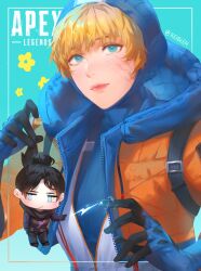 Rule 34 | 2girls, animification, apex legends, black hair, black scarf, blonde hair, blue background, blue bodysuit, blue eyes, bodysuit, bodysuit under clothes, closed mouth, copyright name, freckles, gloves, hair bun, highres, holding miniperson, hood, hood up, keibleh, mini person, minigirl, multiple girls, scarf, short hair, single hair bun, wattson (apex legends), wraith (apex legends)