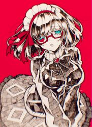 Rule 34 | 1girl, absurdres, blue eyes, blush, glasses, hairband, highres, jacket, lolita hairband, long sleeves, looking at viewer, looking up, mori misaki, nie3nie3, ookami game (studio wasabi), open mouth, red background, short hair, skirt, solo