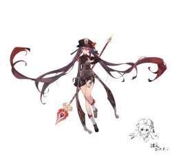 Rule 34 | 1girl, absurdres, black footwear, black nails, black shorts, brown hair, chinese clothes, commentary request, doodles, full body, genshin impact, hair between eyes, hat, highres, holding, holding polearm, holding weapon, hu tao (genshin impact), jewelry, kneehighs, kuji-in, long hair, long sleeves, looking at viewer, nail polish, polearm, porkpie hat, qixia, red eyes, ring, shoes, short shorts, shorts, sidelocks, signature, simple background, socks, solo, staff of homa (genshin impact), standing, standing on one leg, symbol-shaped pupils, twintails, weapon, white background, white socks, wide sleeves