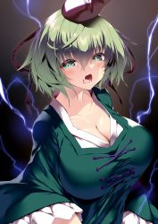 Rule 34 | 1girl, absurdres, black hat, blush, breasts, cleavage, collarbone, cross-laced clothes, dress, electricity, fang, green dress, green eyes, green hair, hair between eyes, hat, highres, huge breasts, large breasts, long sleeves, open mouth, sakurame, short hair, soga no tojiko, solo, tate eboshi, touhou