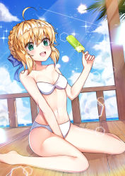 Rule 34 | 1girl, ahoge, alternate costume, artoria pendragon (all), artoria pendragon (fate), bad id, bad pixiv id, bae.c, bare shoulders, bikini, blonde hair, blue ribbon, braid, breasts, cleavage, commentary request, day, dress, fate/grand order, fate/stay night, fate (series), food, green eyes, hair ribbon, highres, holding, holding food, ice, medium breasts, navel, oguri (pixiv25574366), on ground, open mouth, outdoors, ribbon, saber (fate), short hair, sitting, smile, solo, strapless, strapless bikini, summer, swimsuit, white bikini, wooden floor